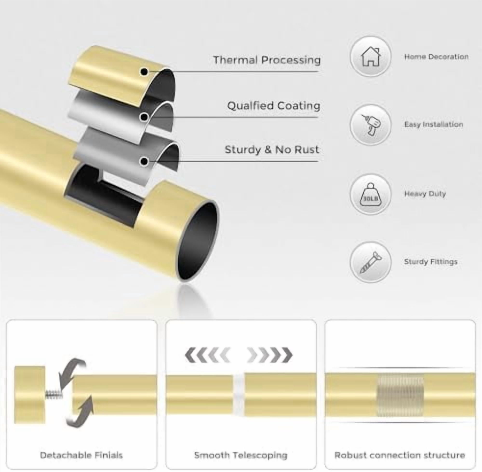 Gold Curtain Rods for Windows 36 to 240 Inch(3-20 Feet),1" Diameter Rods with Modern Style End Cap Finials,Size:36-240 Inch