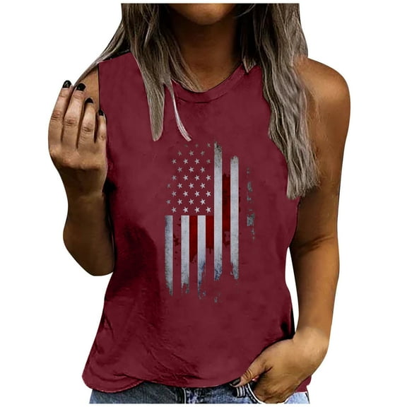 IROINNID Women's Round Neckline T-Shirt Sleeveless 4th Of July Summer Casual Loose Tops Independence Day