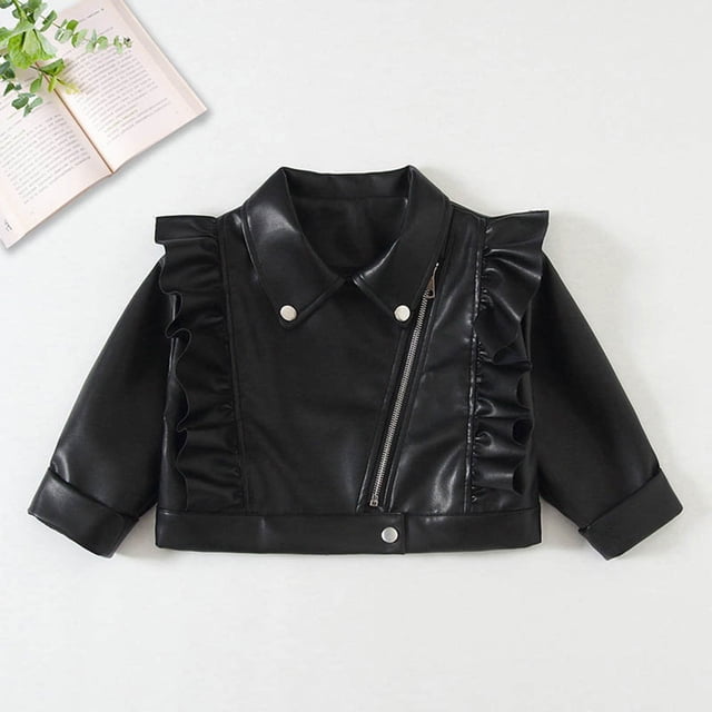MKOSPLRT Baby Girl Faux Leather Motorcycle Jacket Cute Ruffle Spring Fall PU Coat Oblique Zipper Biker Jacket Outwear 2-14 Years