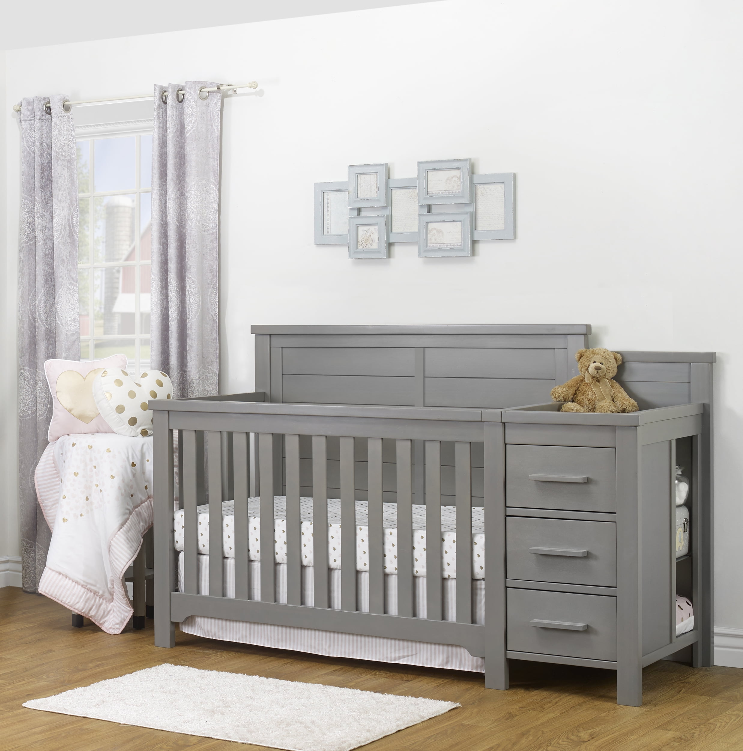 Sorelle Farmhouse Wooden Convertible Crib and Changer in Weathered Gray