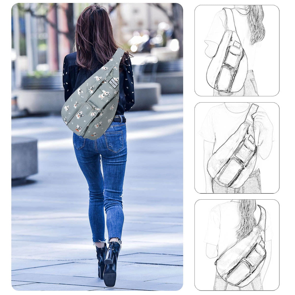 HAWEE Sling Backpack Hiking Backpack Chest Sling Bag Sports Travel Crossbody Daypack for Women, Grey + White Dog