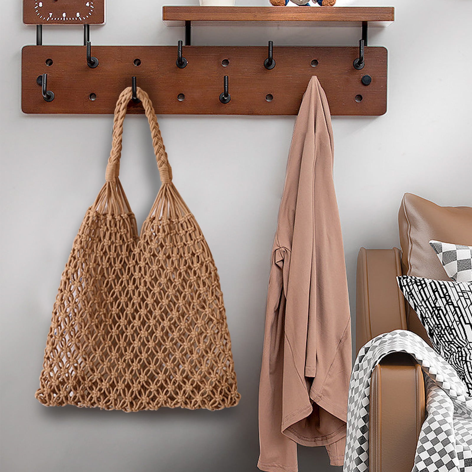 Specollect Clearance 4Pcs Crochet Backpack Flap Drawstring Shoulders Bag Summer Beach Woven Tote Bag, Straw Rattan Raffia Bucket Bag, Handmade Basket Handbag
