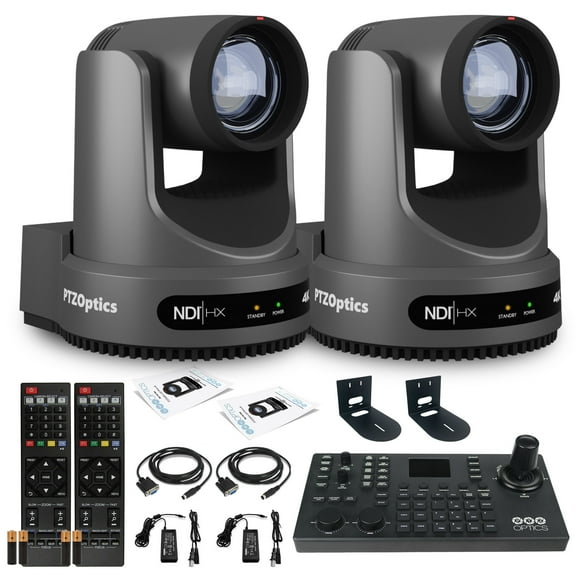 2 x PTZOptics Move 4K SDI/HDMI/USB/IP PTZ Camera with 12x Optical Zoom (Gray) (PT12X-4K-GY-G3) PTZOptics SuperJoy PTZ Camera Joystick Controller 2 x Universal Wall Mount (Black)