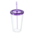 thumbnail image 1 of Vaso de acrílico con tapa y popote, vasos reutilizables de doble pared de 16 Oz, vasos de viaje transparentes (púrpura), 1 of 6
