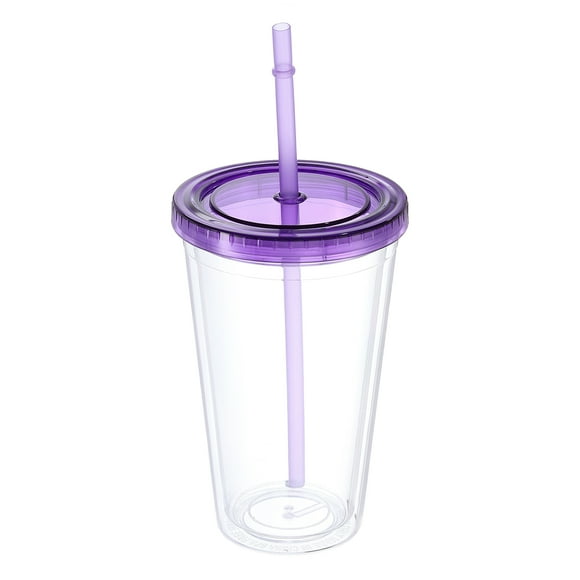 Vaso de acrílico con tapa y popote, vasos reutilizables de doble pared de 16 Oz, vasos de viaje transparentes (púrpura)