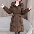 thumbnail image 5 of XPMWRP Women's Quilted Puffer Thickened Hooded Jacket Casual Cinched Waist Zipper Long Coat Solid Color Winter Warm Outerwear with Pockets Brown XXL, 5 of 9