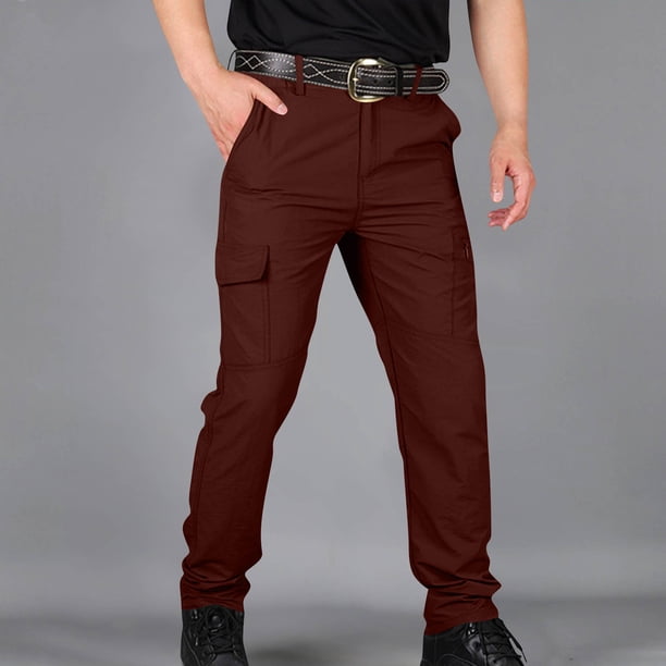 Ceisia Men's Solid Color Nylon Quick-Dry Cargo Pants, Multi-Pocket Waterproof Outdoor Trousers for Men Wine S Gifts