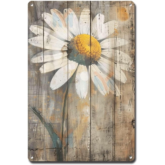 Vintage Metal Tin Wall Art Sign, Daisy Floral Design, Rustic Shabby Chic Decor, Corrosion Resistant, 8 x 12 Inches