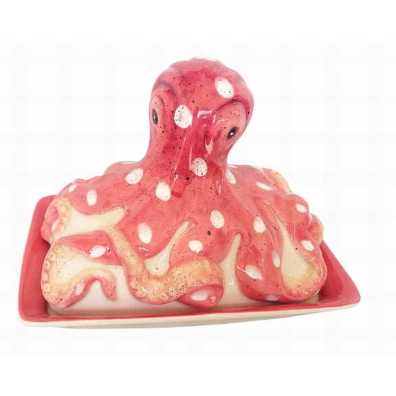 Blue Sky Clayworks 17629 Octopus Butter Dish, 5-inch Height, Red