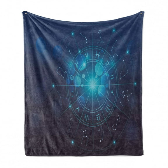 Astrology Soft Flannel Fleece Blanket, Fortune Telling Birth Chart Zodiac Signs in Space Geometrical Image, Cozy Plush for Indoor and Outdoor Use, 60" x 80", Turquoise Blue and White, by Ambesonne