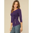 thumbnail image 2 of Top acanalado de decoración de los botones de punto sólido de las mangas del cuello en V de las mujeres 3/4 PúrpuXS, 2 of 6
