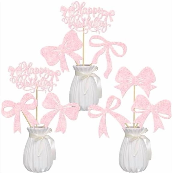 Bow Birthday Centerpiece Sticks 16pcs Pink Decorations Bow Party Table Topper Centerpieces Coquette Bow Birthday Table Decorations for Girls Bowknot Bachelorette Party Supplies