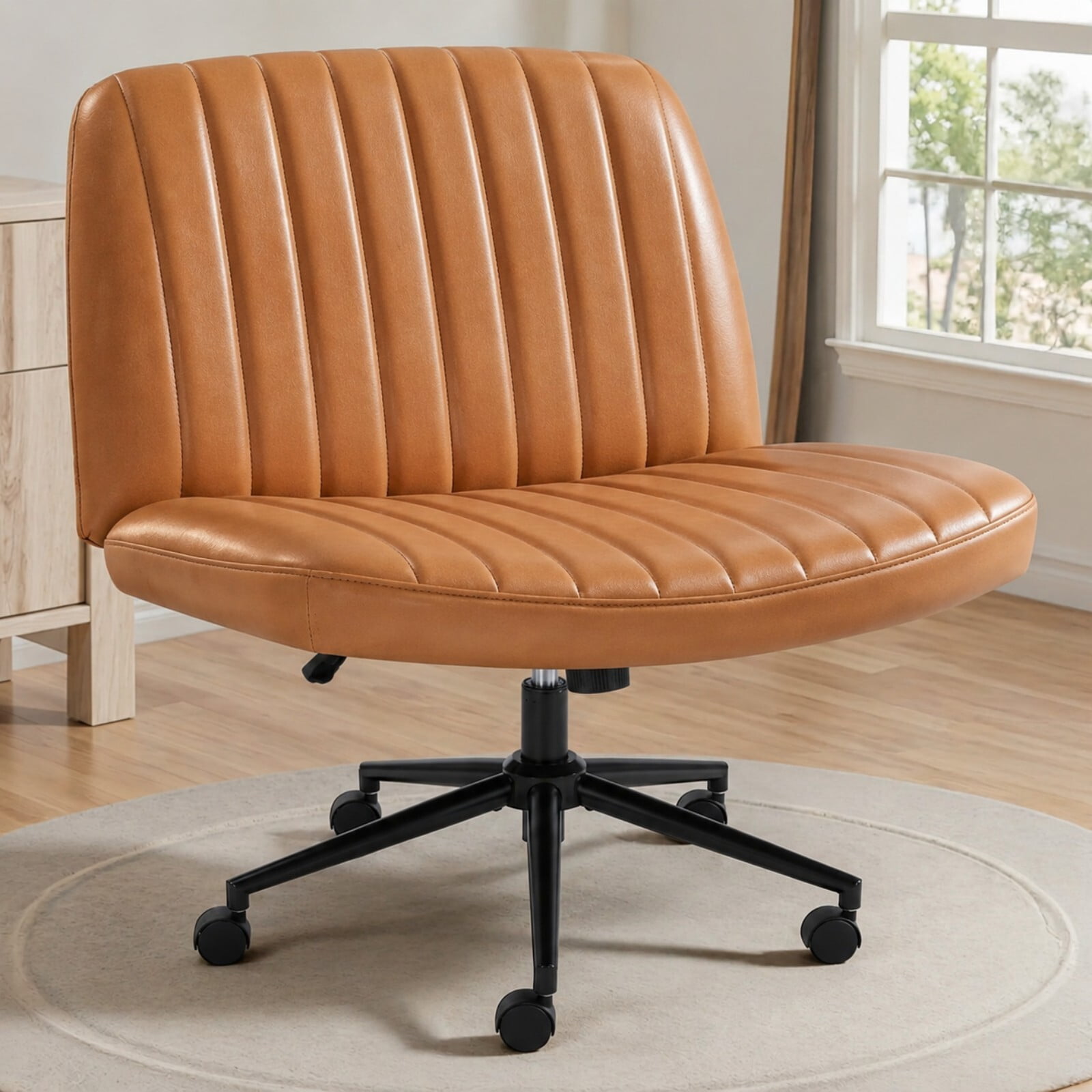 Kelno Armless Criss Cross Office Chair with Wheels 300lb Capacity Wide Seat Cross Legged Desk Chair Height Adjustable Swivel Vanity Chair, Brown PU