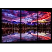 Elephant Stock Rocky Mountain Reflection Wall Art - Horizontal Multi Panel Canvas - 3 Pieceliving Room Wall Decor - Photography Nature Multi Panel - Blue And Red Decor - 65" x 42"