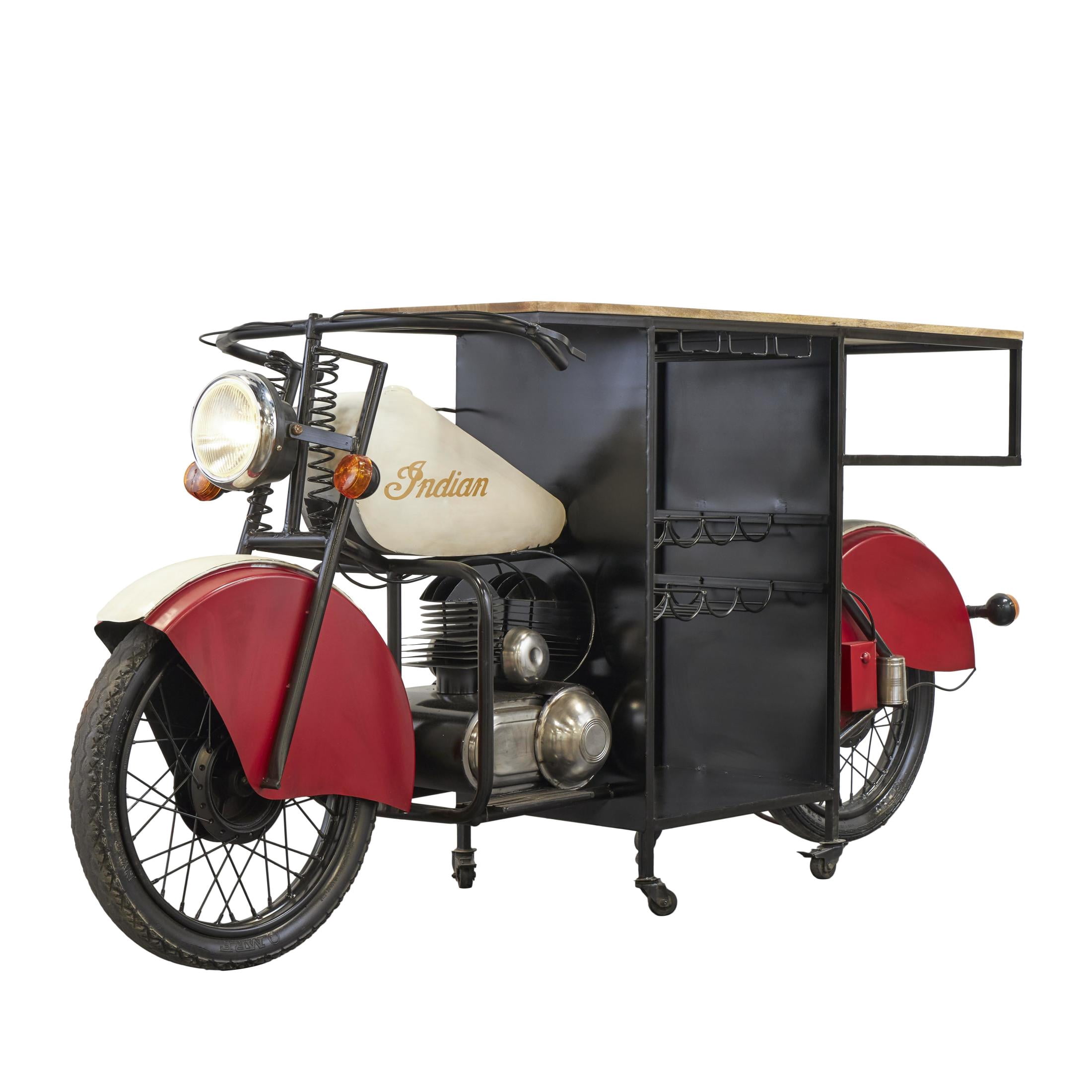 DecMode 72" x 41" Red Metal Motorcycle Vintage Style 10 Bottle Motorcycle Bar with Wood Bar Top and Red Accents, 1-Piece