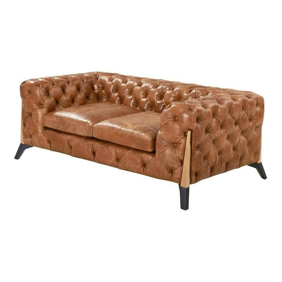 Pemberly Row Top Grain Leather Chesterfield Tufted Loveseat in Light Brown