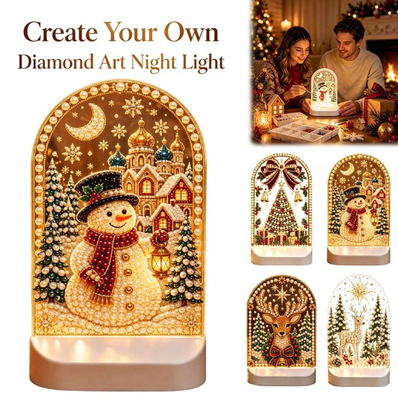Diamond Art Night Light, Christmas 3D Pearl Diamond Painting Kit for Adults Beginners, 3D Pearl Beads Craft with Warm LED Base, for Indoor Christmas Decor and Holiday Gift, 1PC