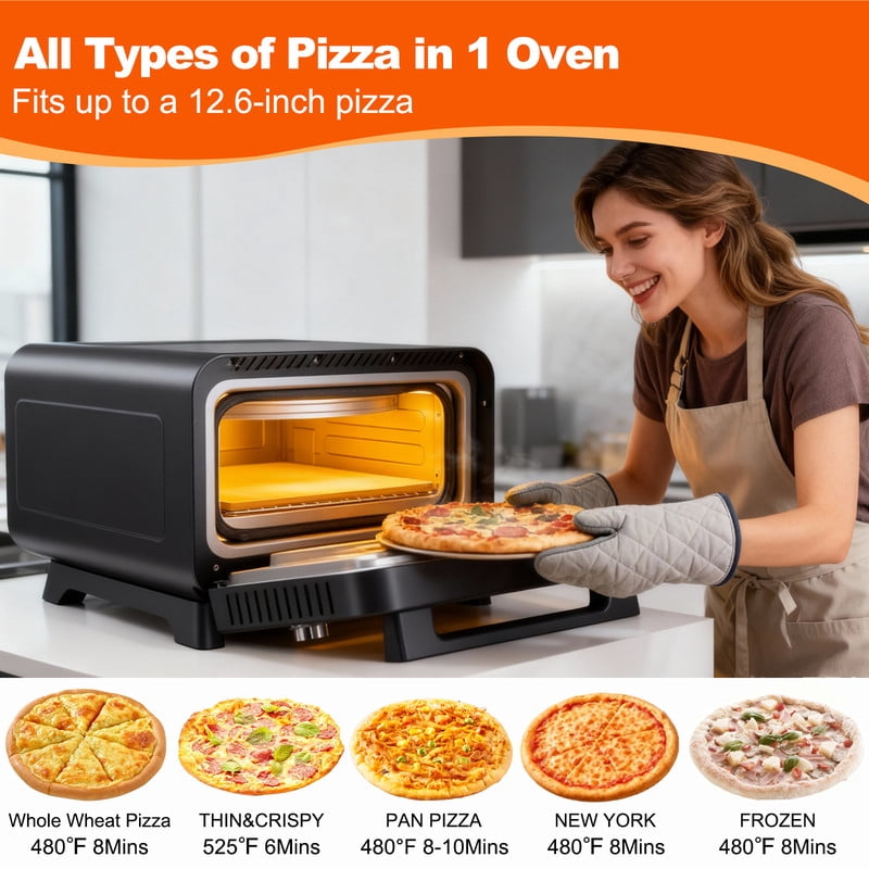 Gianna Pizza Oven Indoor, 1600W Electric Pizza Oven Fast Heating, 4 Modes Pizza Maker for 12 Inches, with Pizza Stone & Spatula, Upper-Bottom Independent Heating Temperature Control