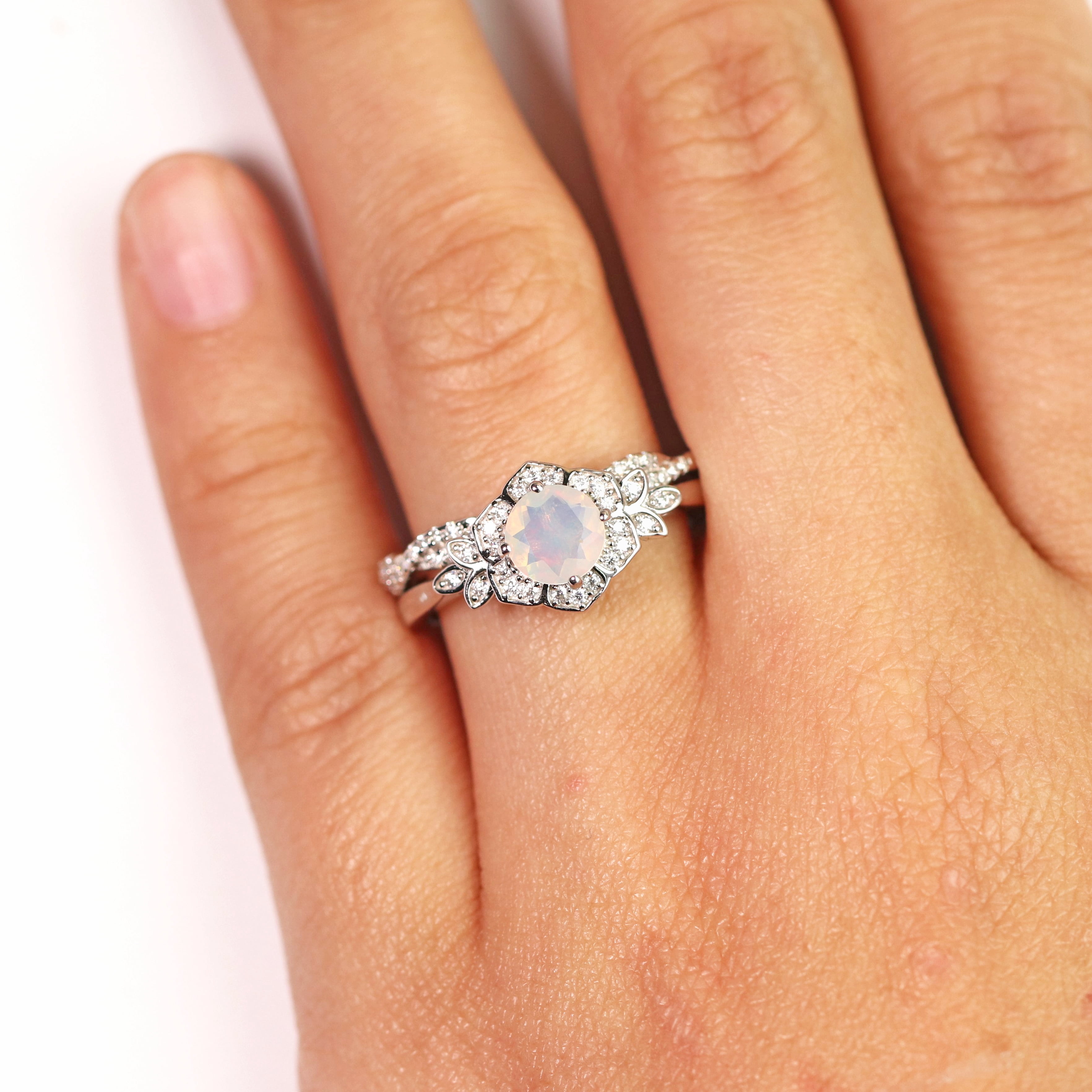 JeenMata 1.75 ct Genuine Round Blue Lab Created Opal and Moissanite Bridal Ring Set in 18K White Gold over Silver