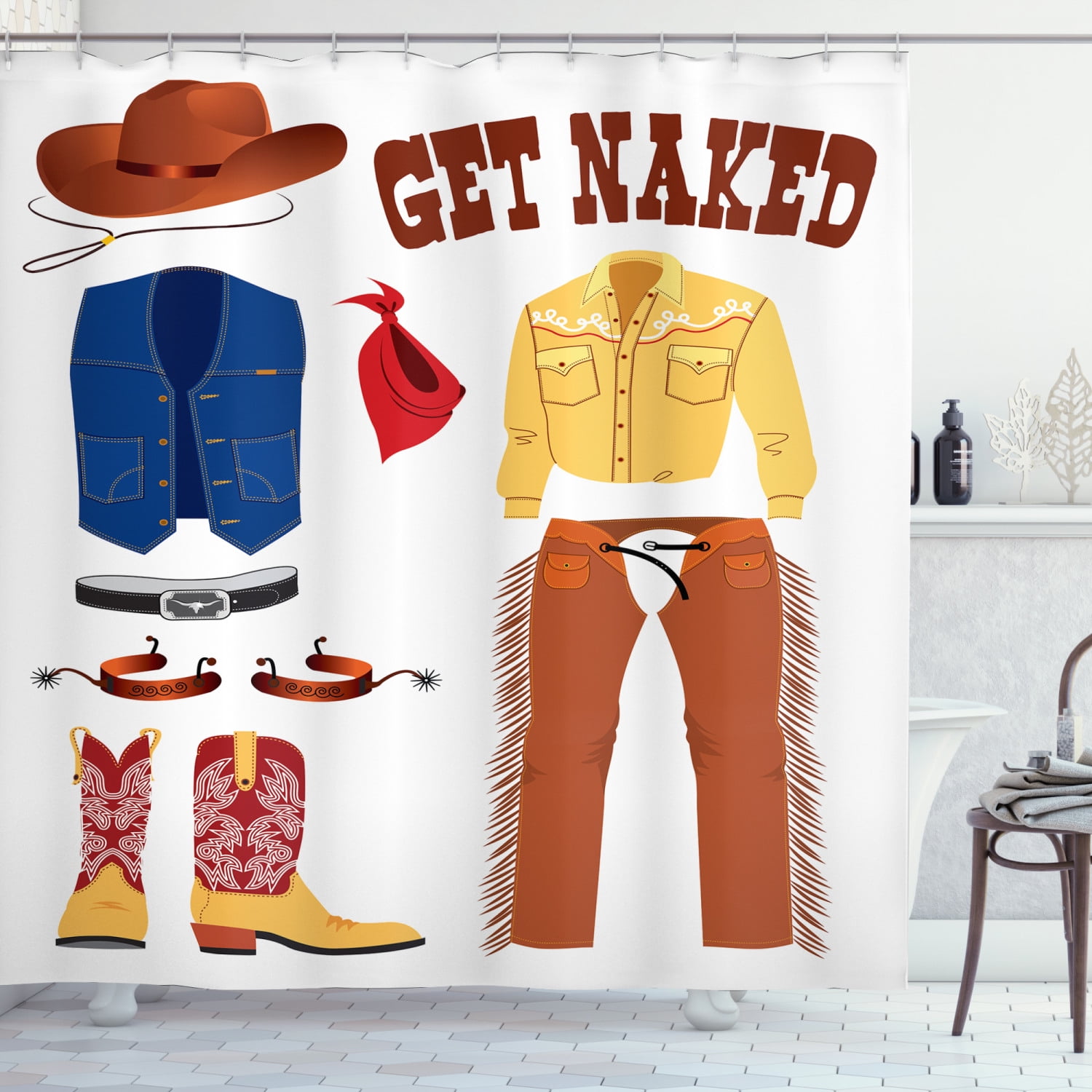 Cowboy Shower Curtain, Cartoon Style Wild West Themed Clothes Pattern