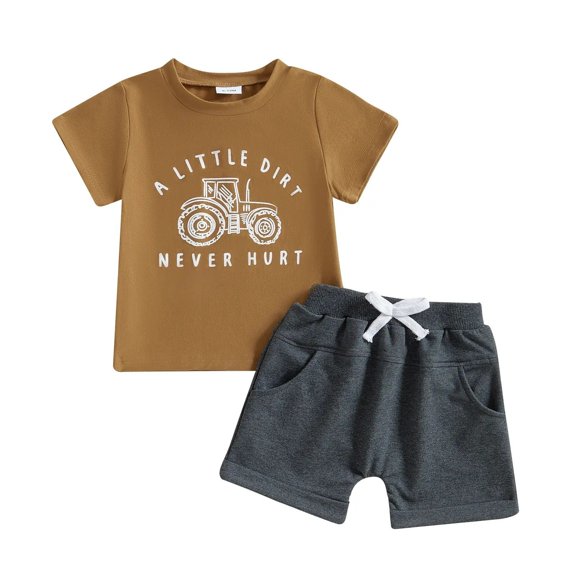 JIAYUE Boys Two Piece Outfit Sets Round Neck Tractor Print Short Sleeve Tee And Solid Color Shorts Summer Breathable Drawstring Pocket Trendy Clothing Set