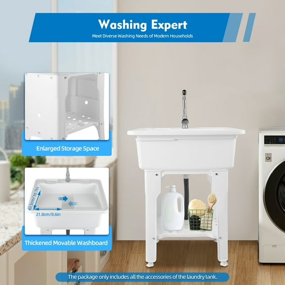 ChicHomey Freestanding Plastic Laundry Sink with Washboard,Pet Bath & Storage Rack,Outdoor Utility Sink  with Hot and Cold Faucet, for Laundry Room, Garage, Basement