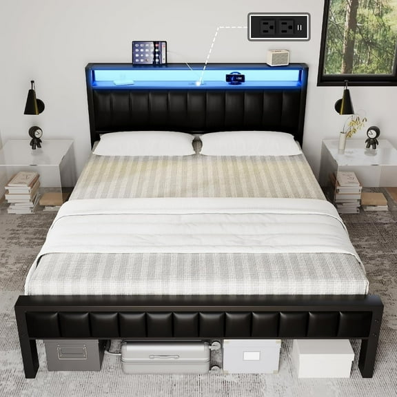 LUXOAK Full Size Platform Bed Frame with LED Headboard, Charging Station and Storage, Black