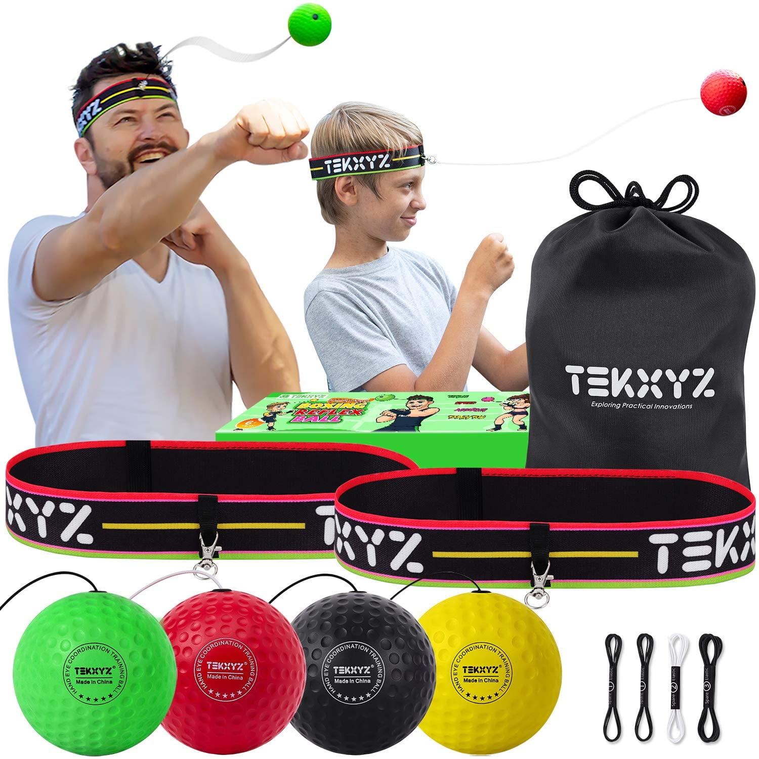 1 Boxer Reflex Ball and More TEKXYZ Boxing Reflex Ball Family Pack 2 Novice Reflex Balls 2 Adjustable Headbands 1 Veteran Reflex Ball
