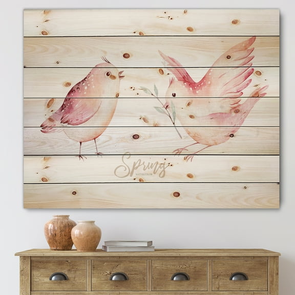Designart 'Spring Bird With Green Leaves On White' Traditional Print on Natural Pine Wood