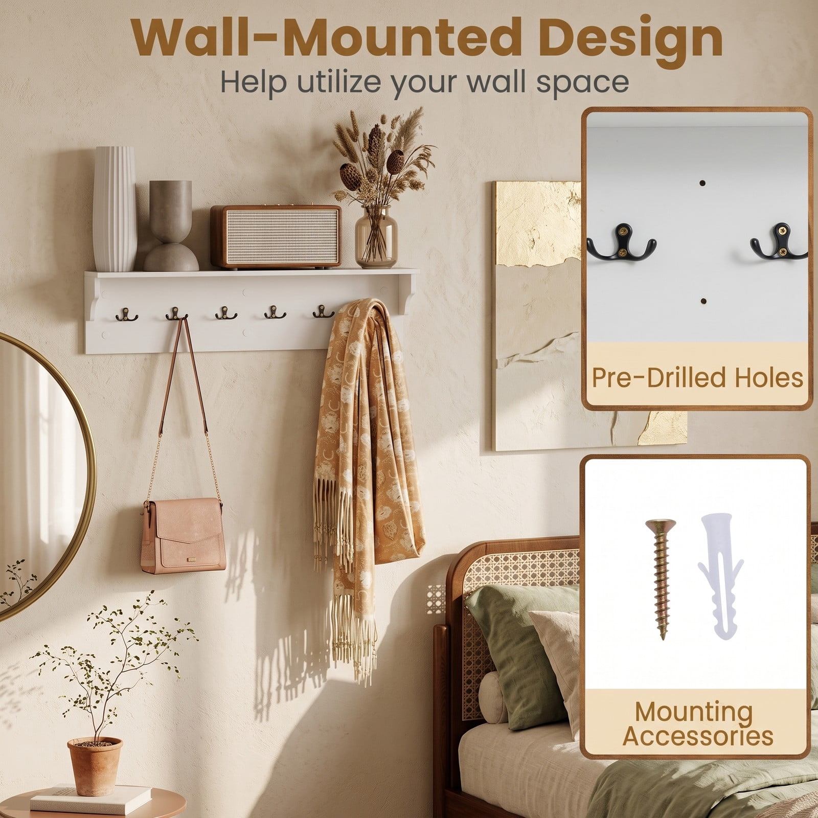 Furnibear Wall Mounted 31.5 inch Wooden Coat and Hat Rack with Top Shelf and 6 Hooks for Hats Towels Purses and Robes, White