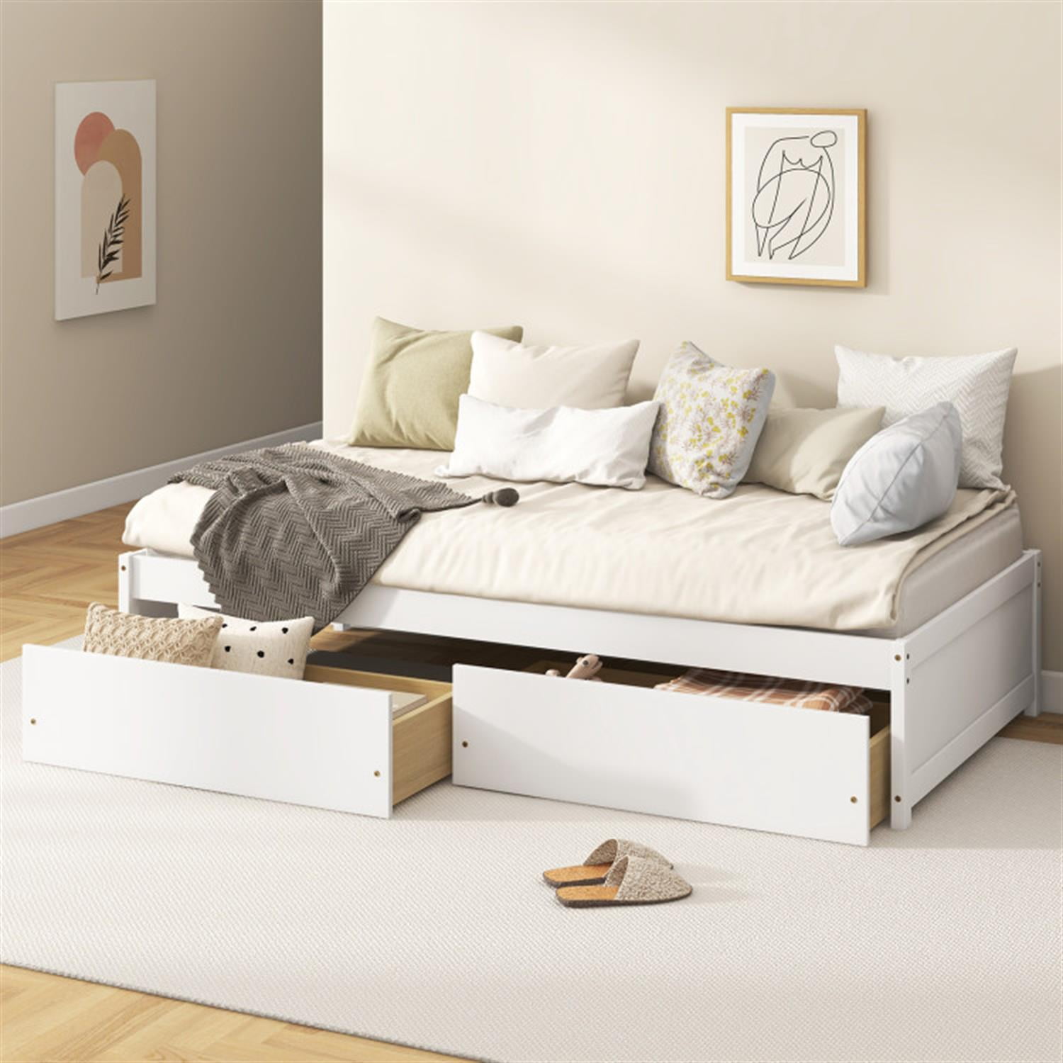 Demi Bonn Twin Size Bed Frame with 2 Drawers and Slats Support, Wooden Captain Bed for Bedroom, White