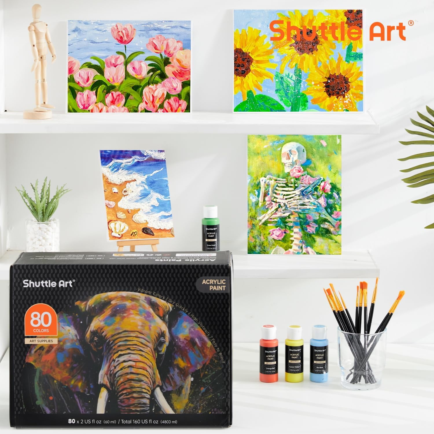 80 Colors Acrylic Paint, Shuttle Art Acrylic Paint set with 12 Paint Brushes, 2oz/60ml Bottles, Rich Pigmented, Water Proof, Premium Paints for Artists, Beginners on Canvas Rocks