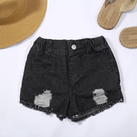 Tfken Jeans Shorts For Girls Teen Comfortable Ripped Elastic Waist Skinny Black Denim Shorts Size 7-8 Years