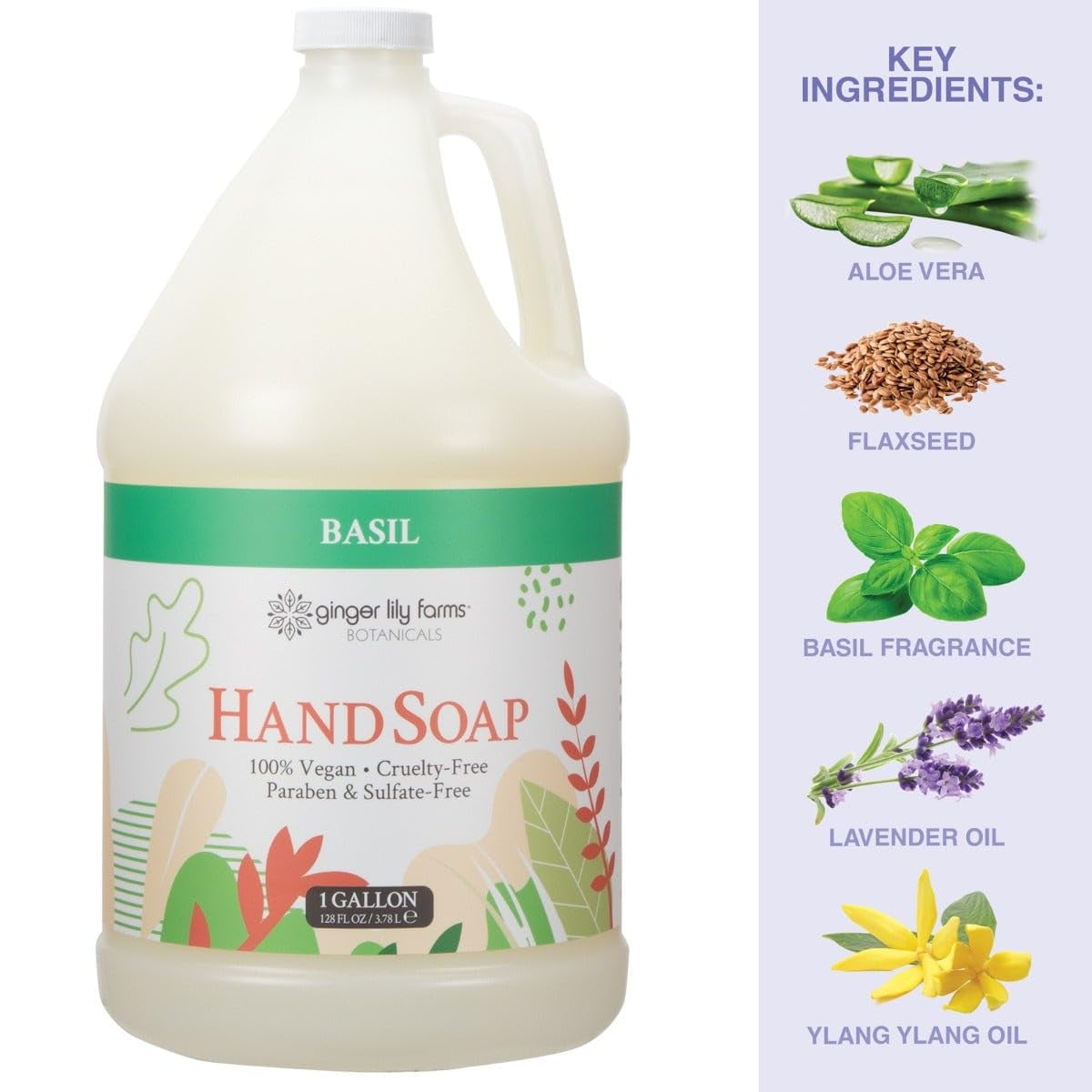 Ginger Lily Farms Botanicals All-Purpose Liquid Hand Soap Refill, 100% Vegan & Cruelty-Free, Basil Scent, 1 Gallon (128 fl oz)