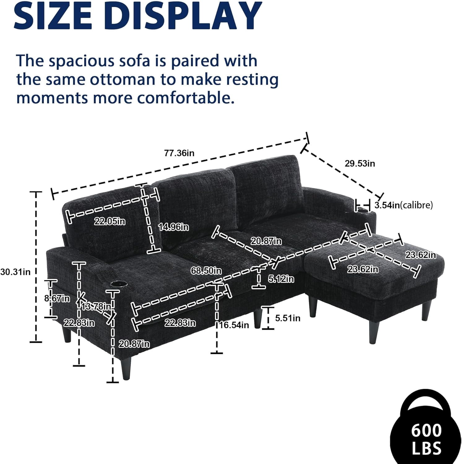 MOONMISS Sofa 77.36" 3-Seat, L -Shaped Sofa with Movable Ottoman for Living Room,Black