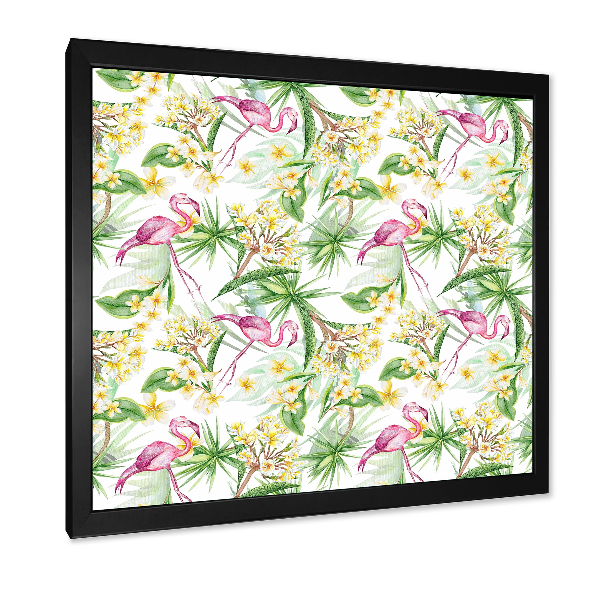 Designart 'Yellow Flowers, Tropical Foliage With Flamingo IV' Modern Framed Art Print