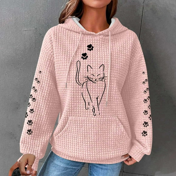DDAPJ pyju Waffle Knit Hoodies for Women Cat Dog Paw Print Casual Hooded Sweatshirt Teen Girls Cute Graphic Hoodie Long Sleeve Drawstring Pullover Tops with Kangaroo Pocket Pink XL