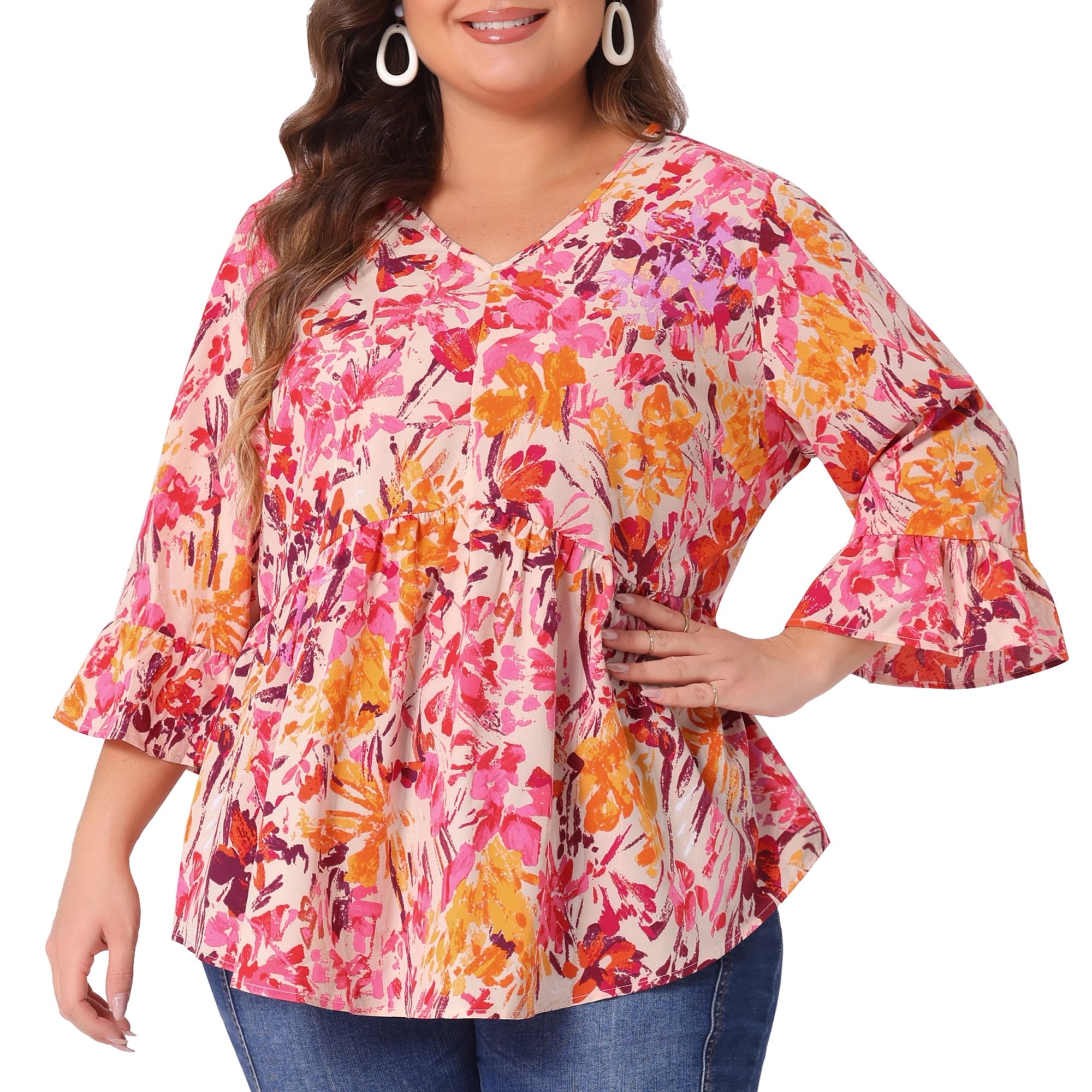 Women's Plus Floral Blouses V Neck Ruffle 3/4 Sleeve Babydoll Peplum Tops 3X Orange Pink