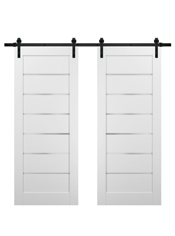 Sliding Double Barn Doors 48 x 80 with Hardware | Quadro 4117 White Silk with Frosted Opaque Glass | Top Mount 13FT Rail Sturdy Set | Kitchen Lite Wooden Solid Panel Interior Bedroom Bathroom Door