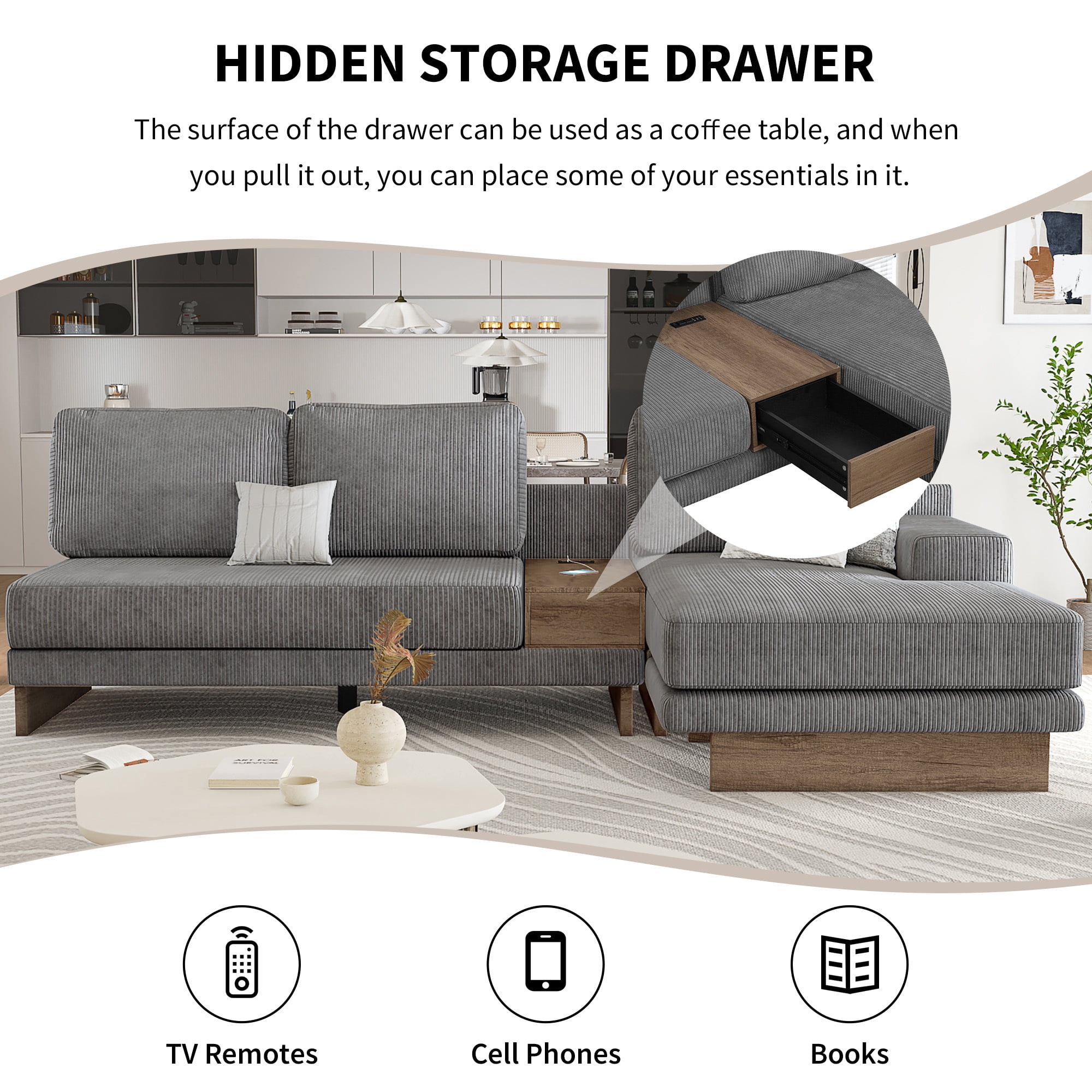 EUROCO 114" L-shaped Sectional Sofa Couch, Corduroy Sofa with 2 USB Ports, 2 Power Sockets, a Storage Drawer and a Reversible Chaise Lounge, Grey