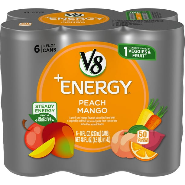 V8 +Energy, Healthy Energy Drink, Natural Energy From Tea, Peach Mango, 8 Ounce Can (Pack Of 6) - Walmart.com