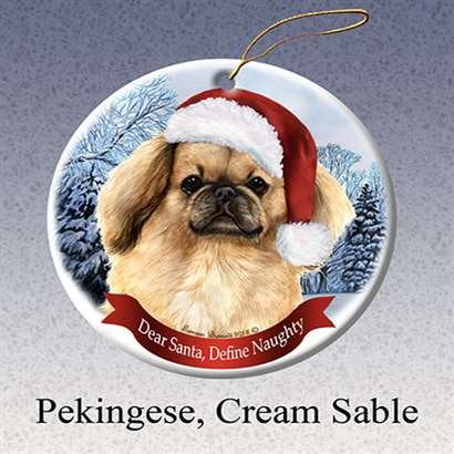 Pekingese Porcelain - Holiday Pet Gifts Pekingese (Cream & Sable) Santa Hat Dog Porcelain Christmas Tree Ornament