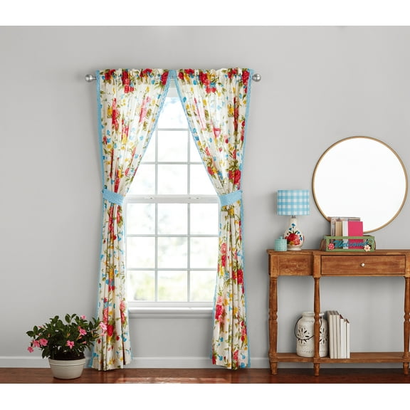The Pioneer Woman Sweet Rose Textured Light Filtering Curtain Panel Pair with Tie Backs, Set of 2, Multi-Color, 40" W x 84" L
