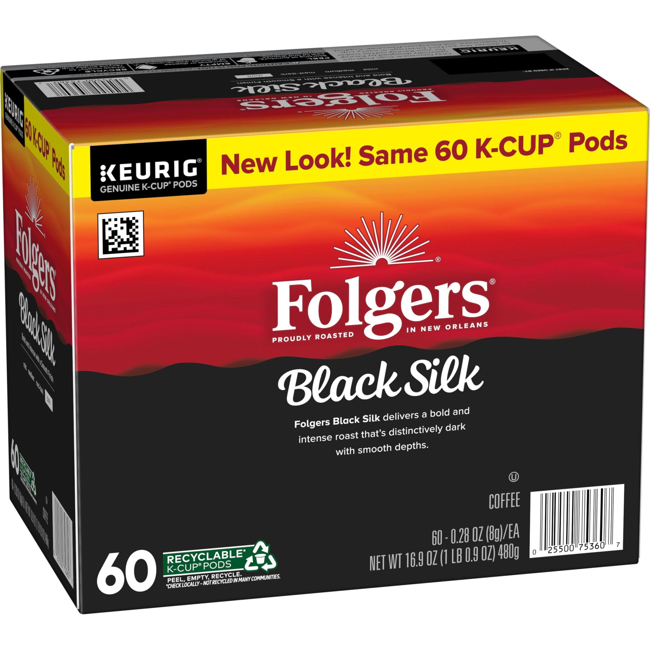 Folgers Black Silk, Dark Roast Coffee, Keurig K Cup Pods, 60 Count Box