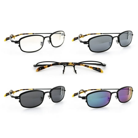 QT-SUN Spex Oval - Kit Pack - 1 Frame w/ 4 Fashionable Magnetic Clip-On Sunglass Lenses - Outdoor Activity Men and Women - Black