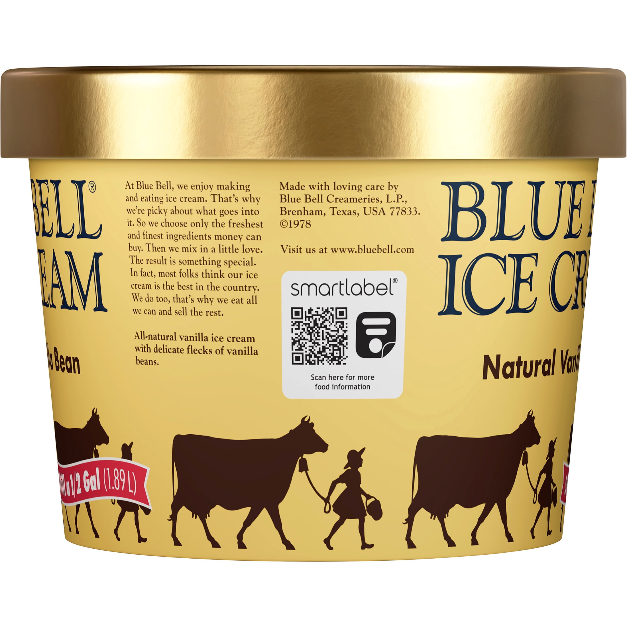 Blue Bell Natural Vanilla Bean Ice Cream Half Gallon, 64 fl oz