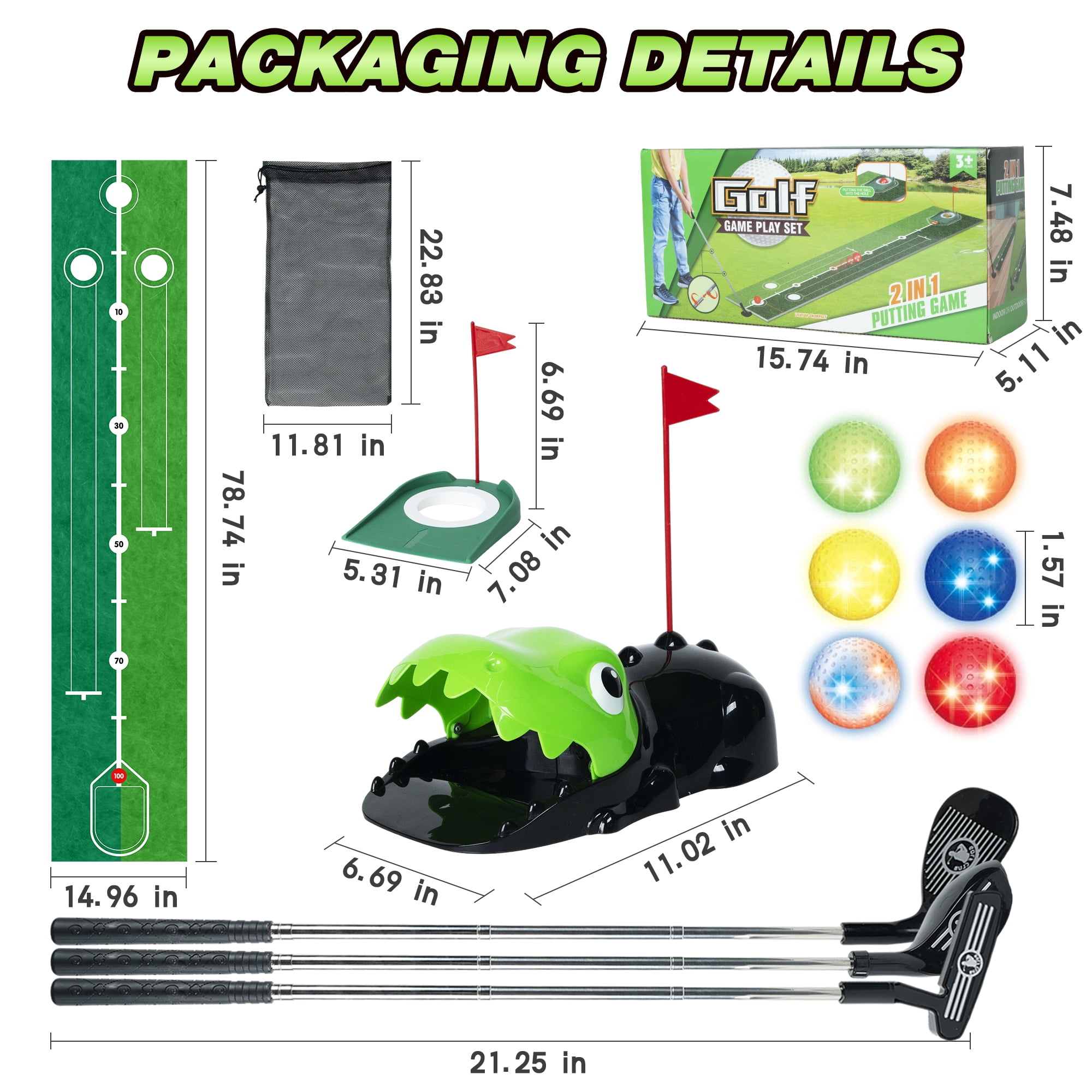 JUGAAD LIFE Toddler Golf Set Kids Toy Golf Clubs Set with Dinosaur Automatic Ball Returner 3 Clubs & Putting Mat Golf Game Indoor Outdoor Sport Toys Gift for Boys Girls 3 4 5 6+ Years Old - Green