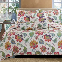 Cozy Line Breezy Vibrant Colorful Floral 3 Piece Reversible Microfiber Adult Quilt Bedding Set, King