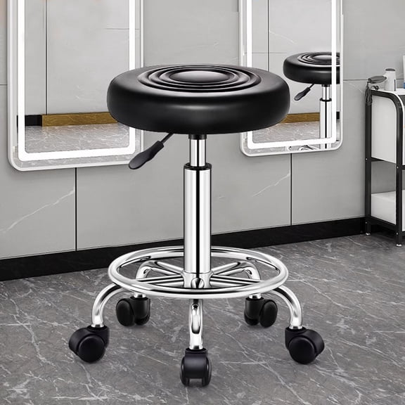 Queroig Beauty Stool, 360-degree Rotation Wheel Bar Stool, Height Adjustable Salon Chair, Faux Leather Cushioned Office Shop Stool, with Metal Frame (Black)