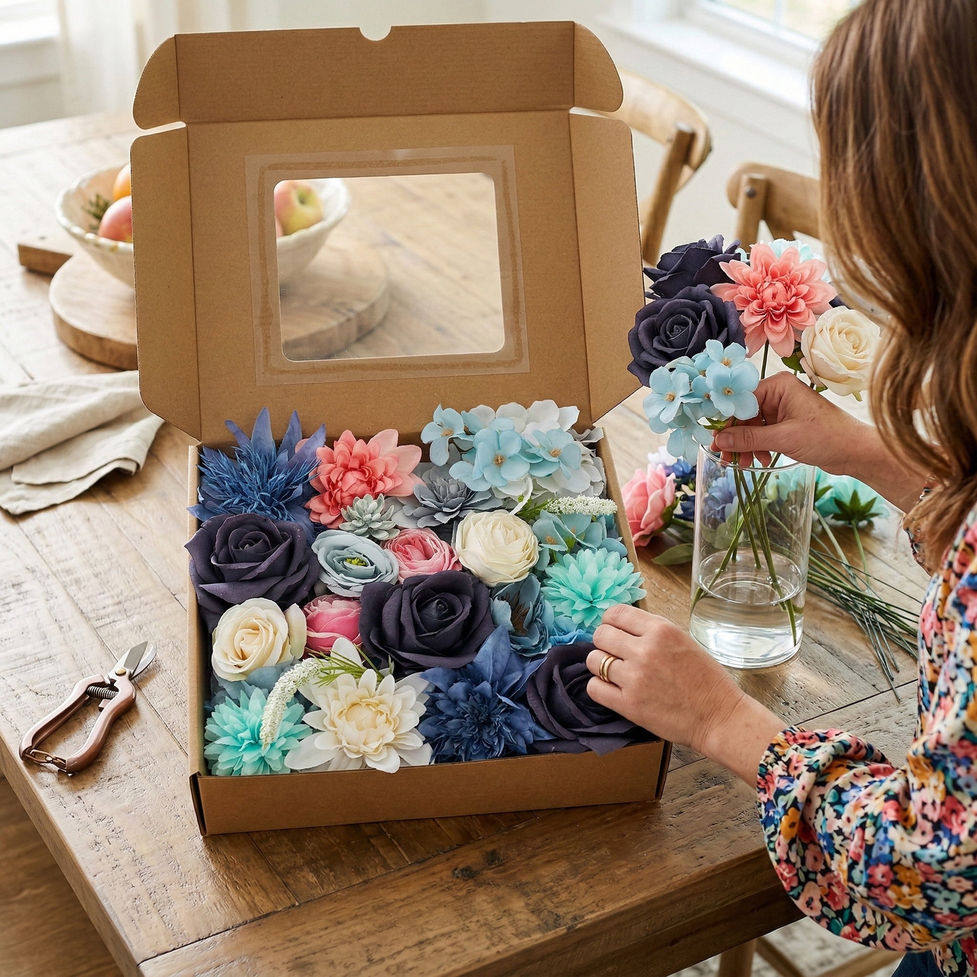 Unique Bargains Artificial Flowers Combo Box Set Blue Tones 9.8"
